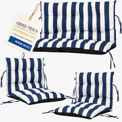 Image de Lot de 3 coussins pour mobilier en palettes, coussins d’extérieur pour mobilier en rotin, 2x coussin de chaise + 1x coussin de banc, rayures bleu mari