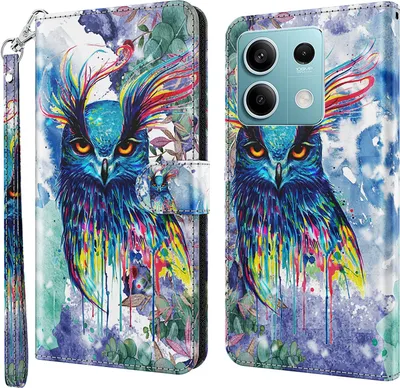 Produktbild von CLM-Tech Handyhülle kompatibel mit Xiaomi Redmi Note 13 5G Hülle - Tasche aus Kunstleder - Klapphülle mit Ständer und Kartenfächern - Schutzhülle Wallet Case Cover Eule bunt