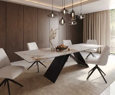 Produktbild von DELIFE Esstisch Edge 300x100 Keramik Minas Melange Weiß-Beige V-Gestell Flachstahl Schwarz