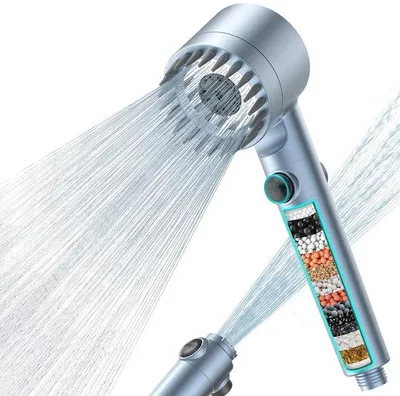 Zdjęcie produktu dla Głowica prysznicowa Unyqoos® z 15-stopniowym filtrem – usuwa 99,99% chloru, wąż ze stali nierdzewnej o długości 1,8 m, wzmacniacz ciśnienia, oszczędność wody do 30%, 4 rodzaje strumienia