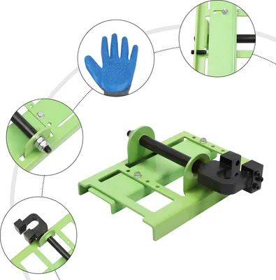 A green metal chainsaw mill attachment with a black bar and a blue glove shown in a circular inset.