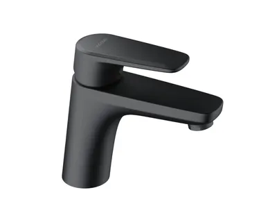 A black matte single-handle bathroom faucet on a white background.