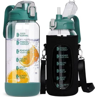 Productafbeelding van 2 Liter Glazen Waterfles met Rietje en Tijdmarkeringen
