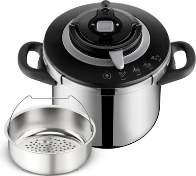 A close-up studio shot of a Tefal pressure cooker and its steaming basket.