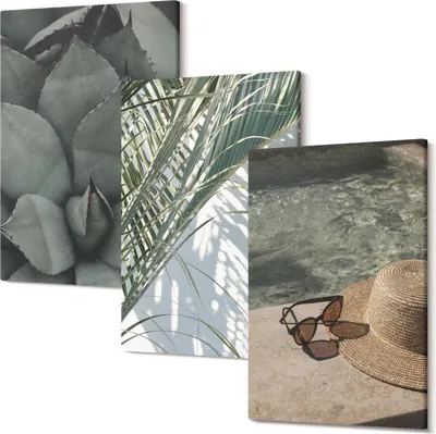 Produktbild von Leinwandbilder – Wandbilder – Leinwandbild – Canvas Bild – Polycanvas – Kunstdruck –  – Modern – Aufhängefertig – Mehrteilig – 3-Teilig – 40x60 Cm Pro Bild - Tropische Pflanzen und sommerliche Urlaubsakzente