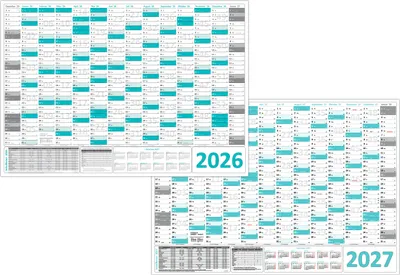 Produktbild von Türkis Wandkalender / Wandplaner 2026 + 2027 (gerollt) DIN A1 Format (594 x 841 mm) 14 Monate, komplette Jahresvorschau Folgejahr und Ferientermine Feiertage aller Bundesländer