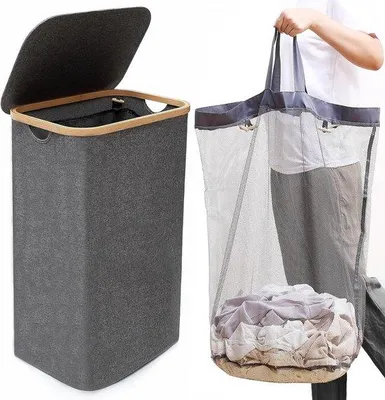 Image de Panier à linge gris de 110 litres avec poignée en bambou et compartiment intérieur