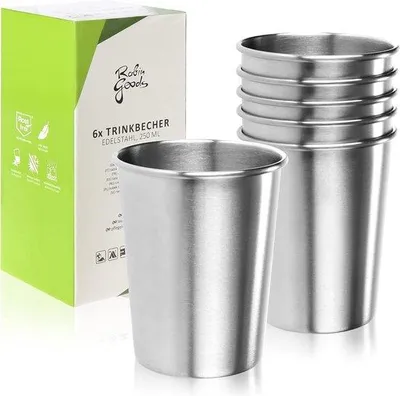 Obrázok produktu pre Sada 6 pohárov z nerezovej ocele – kvalitné poháre z nerezovej ocele – kempingové poháre 250 ml – cestovné poháre, nerozbitné a bez obsahu BPA (sada 6 ks – strieborná farba)