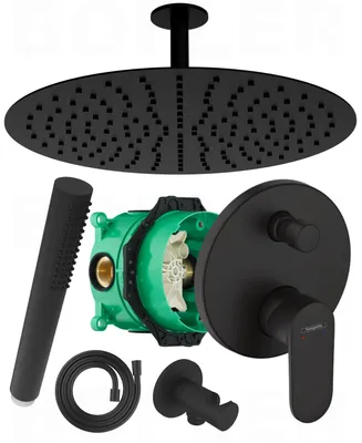 Produktbild von HANSGROHE VERNIS BLEND Armatur +Ibox | inkl. BOFLER Duschset #33 XXL Regendusche Ø40cm, Deckenarm Handbrause Brauseschlauch Brausehalter, matt schwarz