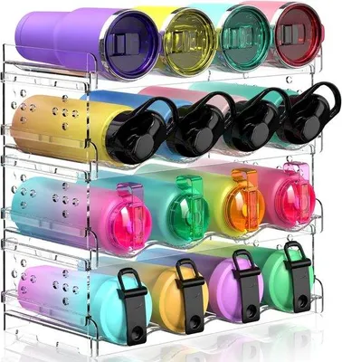 Produktbild von Famanu Stapelbare Flaschenhalter Set von 4 – Kunststoff Wasserflaschen Organizer für Kühlschrank und Küchenschrank – Für Wein- und Getränkeflaschen