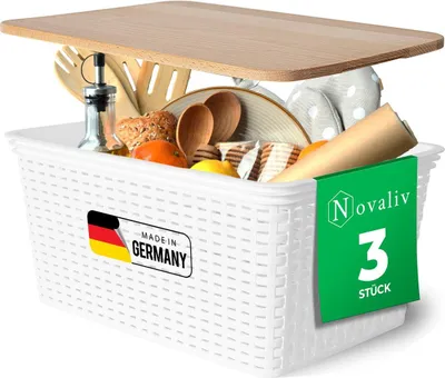 Produktbild von Novaliv 3er Set Aufbewahrungsbox mit Holzdeckel Küche 14L Weiß Kunststoff Rattan-Optik Küche Aufbewahrung & Organisation BPA-Freie Schrank Organizer Ordnungsboxen für Teebeutel Snacks Gewürze