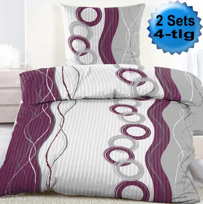 Produktbild von 4-tlg. Seersucker Bettwäsche 2x (135x200 +80x80cm), lilabeere grau weiß Kreise, bügelfrei, Microfaser