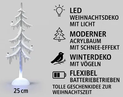 A decorative LED Christmas tree with text descriptions of its features.