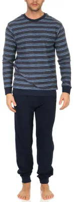 Produktbild von Edler Herren Frottee Schlafanzug lang mit Bündchen Pyjama in Streifenoptik 202 101 13 708 ; marine , 50