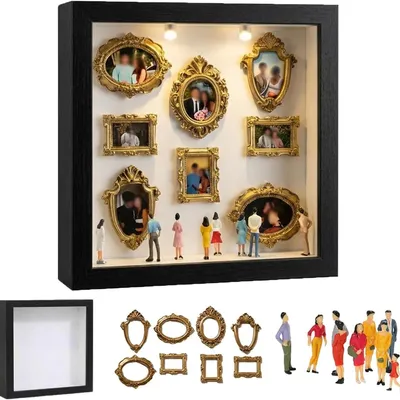 Produktbild von Mini-Museum-Rahmen, unisex Fotogeschenk, DIY Schattenbox mit 8 Mini-Rahmen, 8Figuren & LED-Licht, ideal als Valentins- oder Jubiläumsgeschenk