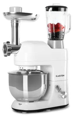 Zdjęcie produktu dla Klarstein Robot kuchenny z maszynką do mięsa, 1800W maszyna do ciasta Mała, 6 biegów, Trzepaczka, hak do mieszania i ugniatania, Mieszanie planetarne, Mikser z blenderem, Robot z misą 5L