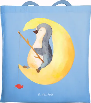 Produktbild von Mr. & Mrs. Panda Baumwolltasche Pinguin Mond - Sky Blue - Geschenk, Süßigkeiten, schlafen, Schultasche, Spruch, Pinguine, Laptoptasche, Jutebeutel, Tote Bag, Erschöpft
