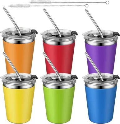 Obrázok produktu pre Omgoods – 6 kusov pohárov s viečkami a slamkami – 360 ml, opakovane použiteľné detské poháre