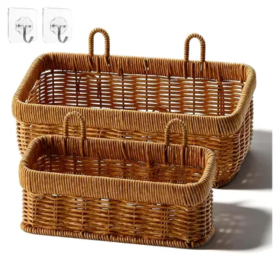 Produktbild von 2er Set Geflochtene Aufbewahrungskörbe, Wandkörbe aus Handgewebtem Rattanimitat für Küche, Wohnzimmer und Badezimmer