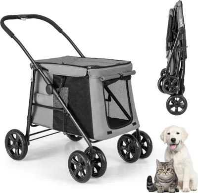 Produktbild von GOPLUS Hundewagen klappbar, Hundebuggy für Hunde & Katzen bis 40 kg, Haustierwagen mit weichem Kissen, Netzfenster & 2 Eingängen, Hundetrage, Grau