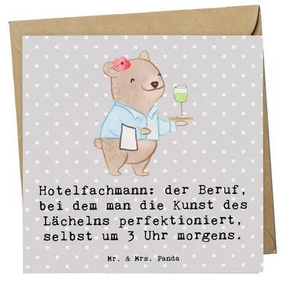 Produktbild von Mr. & Mrs. Panda Grußkarte Hotelfachmann Lächeln - Grau Pastell - Geschenk, doppelkarte, handgefertigte Geschenke, Beruf, Berufspassion, Teamarbeit, faltkarte, Klappkarte