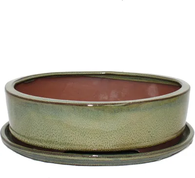 Obrázok produktu pre Miska na bonsaj s podšálkom ve?kos? 4 - olivovo-hnedá - oválna - model O1 - D 25cm - Š 20cm - V 7,5cm