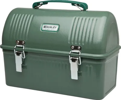 A green Stanley lunch box with silver clasps and handle.
