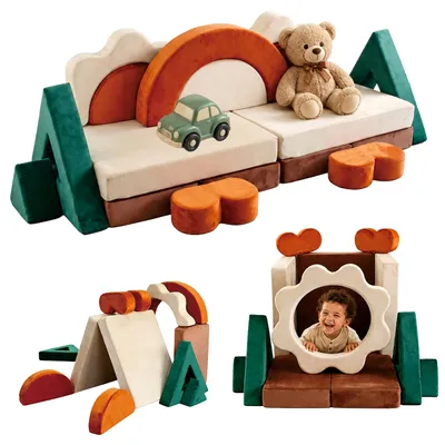 Produktbild von Relaxdays Kinder-Spielsofa, modular, 18-tlg., weiche Bausteine, Kindercouch, Samt, HBT: 53x194x66 cm, Spielcouch, bunt