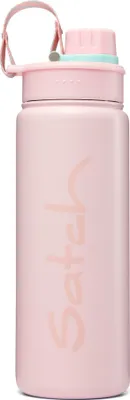 A pink water bottle with a light blue accent on the lid and a pink strap.