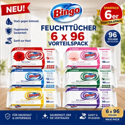 Produktbild von Bingo Feuchttücher Mix Set 6x96 Blatt – 6 Düfte – Mehrzweck Reinigungstücher Vorteilspack