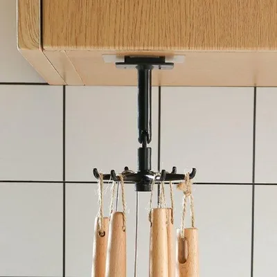 Produktbild von Keukengerei-Halter mit 360° drehbaren Haken - Selbstklebend - Multifunktionaler Schubladenhalter für Küchenutensilien - Schwarz - ABS
