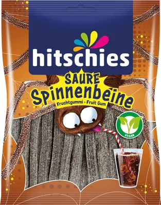 Obrázek produktu pro Hitschies kyselé pavoučí nohy s kolovou příchutí veganské ovocné žvýkačky 125g
