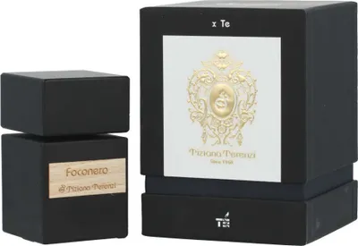A black perfume bottle and its black packaging box are displayed against a white background.