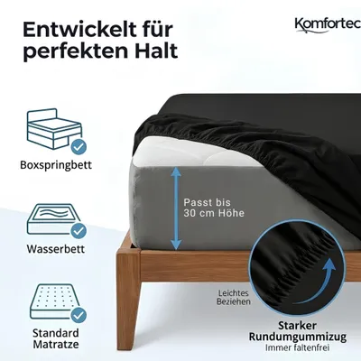 Produktbild von Komfortec Spannbettlaken 160x200 cm, Bettlaken Boxspringbett bis 15cm - 30cm Matratzenhöhe, Schwarz