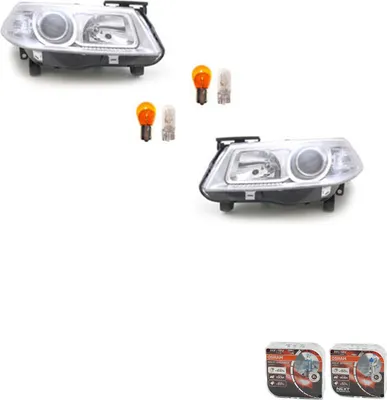 Productafbeelding van Koplampen + Osram Night Breaker Laser, geschikt voor Renault Megane II, set. Onderdeelnummers: Li Re 7701063218, 260603054R, 7701063220, 260103726R. Johns