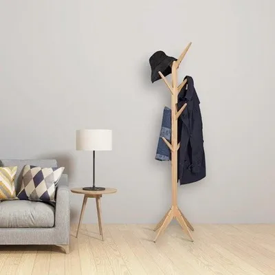 Image de Porte-manteau Abha – 8 crochets – Porte-manteau sur pied – Bois haut de gamme – 180 cm – Marron
