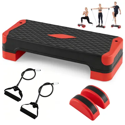 Produktbild von COSTWAY 3-in-1 Aerobic Stepper höhenverstellbar, Fitness Stepper mit 2 Erhöhungen & Balance-Trainern, Widerstandsband, Oberfläche, Steppbrett, Rot