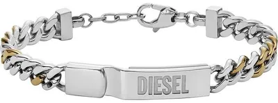 Productafbeelding van Diesel herenarmband in twee kleuren, gemaakt van roestvrij staal, met karabijnsluiting