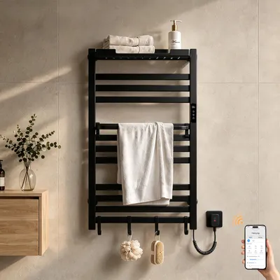 Zdjęcie produktu dla S'AFIELINA Grzejnik łazienkowy elektryczny z półką 950 × 600 mm 375 W Czarny,Grzejnik drabinkowy elektryczny WiFi z aplikacją