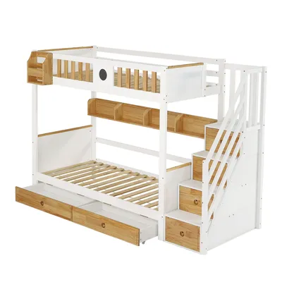 Produktbild von Flieks Etagenbett 90x200cm mit Rausfallschutz, Hochbett Kinderbett mit Treppe & Schubladen, Einzelbett Holzbett mit Ablagen & Lattenrost, Weiß