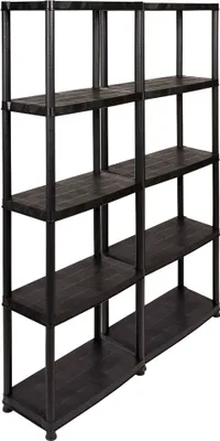 A black plastic shelving unit with five shelves.