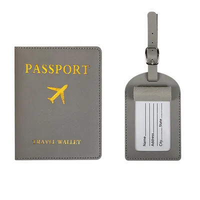 Produktbild von INF Schwarzes Kunstleder Reisepasshülle und Gepäckanhänger Set, 2 Stück Grau