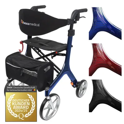 Produktbild von Bescomedical Leichtgewicht-Rollator Carbon - Saphirblau - Modell S - faltbare Gehhilfe mit Rückengurt, Netztasche und Stockhalter