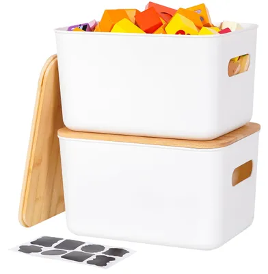 Image de Lot de 2 boîtes de rangement avec couvercle en bambou, idéales pour la salle de bain et la cuisine