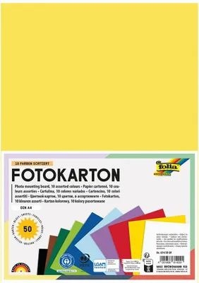 Produktbild von folia 614/50 09 - Fotokarton Mix, DIN A4, 300 g/m², 50 Blatt, sortiert in 10 Farben, zum Basteln und kreativen Gestalten von Karten, Fensterbildern und für Scrapbooking