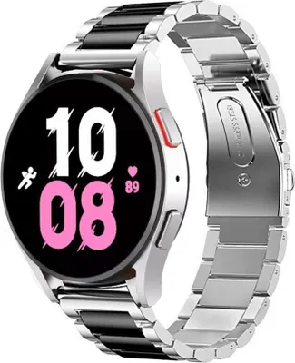 Produktbild von Strap-it Stahlarmband - Kompatibel mit Samsung Galaxy Watch 5 Armband 44mm Ersatzarmband Edelstahl - Faltschließe - Hochwertiges Material - für Smartwatch 20mm Armband Silber / Schwarz