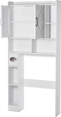 A white bathroom storage cabinet designed to fit over a toilet, shown from the front.
