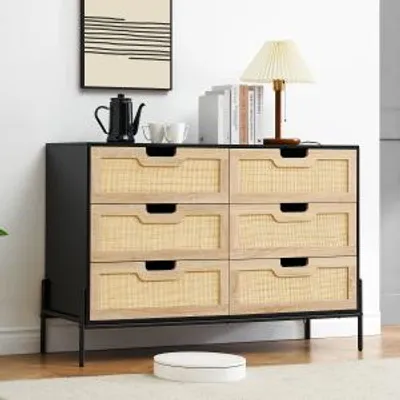 Produktbild von Kommode mit Schubladen, Seitenschrank, vielseitig einsetzbar, geräumig, Farbe: Schwarz, Material: Holzwerkstoff (MDF/Spanplatte), wetterfestes PE-Rattan / Wiener Geflecht...