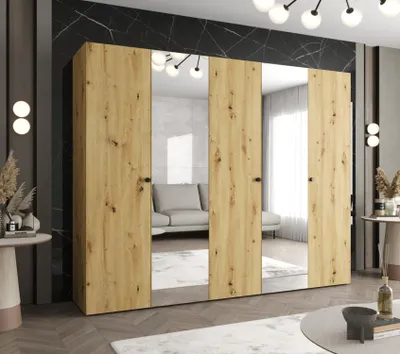 Obrázek produktu pro Zrcadlová šatní skříň CAITIR 2 250 cm - dub artisan / černé úchyty