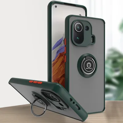 Produktbild von Xiaomi Mi 11 Pro Hülle, Ring Halter Ständer Matte Transluzent TPU Rahmen Stoßfest Schutzhülle für Xiaomi Mi 11 Pro dunkelgrün